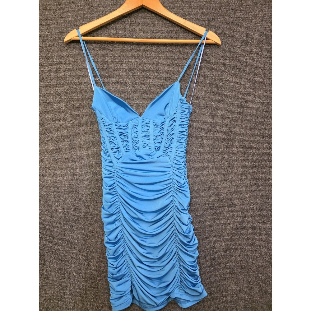 Zara Dress Womens XS Blue Ruched Sweetheart Bodycon Mini Strappy Party Club HOCO